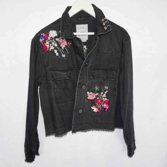 Bershka Embroidered Black Denim Jacket Floral Raw Hem - Picture 1 of 8